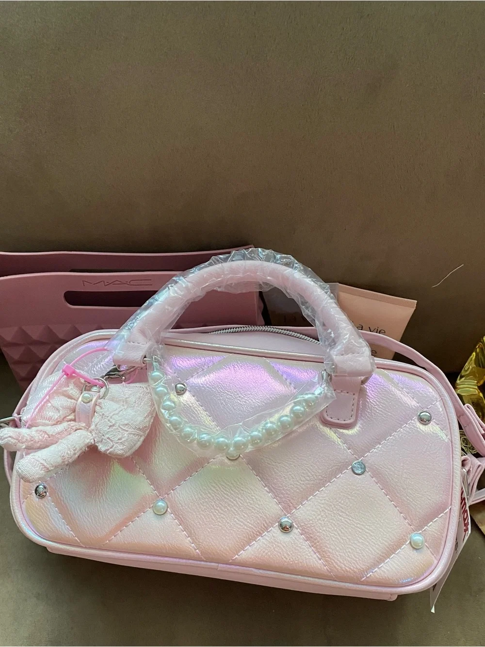 Pink Quilted Pearl-Handle Crossbody Bag